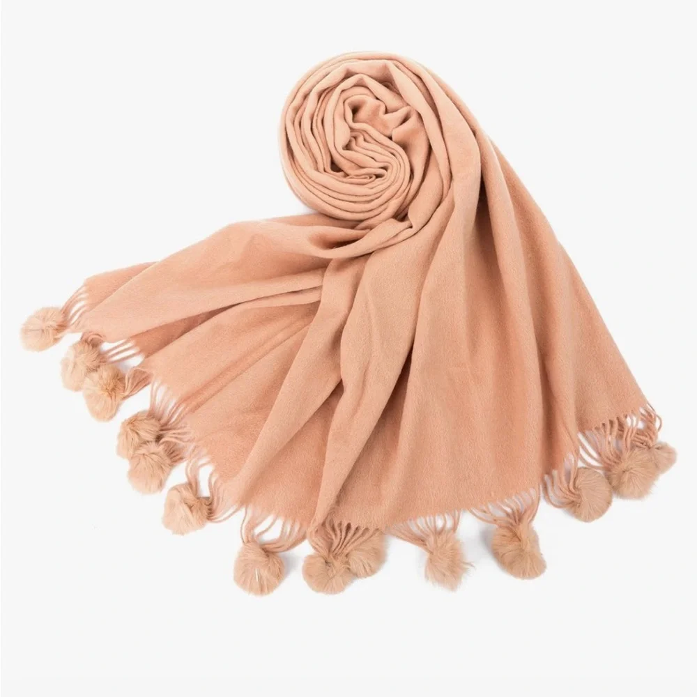World of Shawls Women's Winter Warm Solid Scarf with Pom Pom Fringe 100% Wool